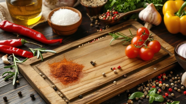 stos przypraw i deska do krojenia